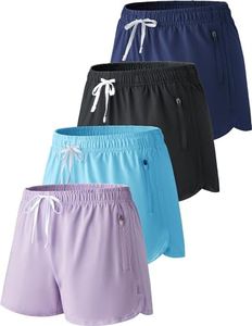 4 Pack Youth Girls Athletic Shorts 3", Girls Soccer Shorts, Kids Workout Gym Clothes Activewear Apparel with Zipper Pockets, Set 2: Lavender/Baby Blue/Navy/Black, X-Large