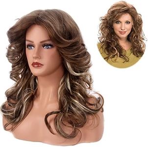 STfantasy 1970s Feathered Wigs Disco Costume for Women Mid Long Wave Blonde Hair Natural Wig Women Cosplay Party (Brown Hightlight)