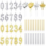 FULANDL 52Pcs Birthday Numeral Candles Set, 20Pcs Number 0-9 Glitter Cake Topper Decoration with 32Pcs Long, Star, Heart Birthday Candles (Gold and Silver)