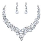 BriLove Women's Wedding Bridal Austrian Crystal Teardrop Cluster Statement Necklace Dangle Earrings Set Clear Silver Tone