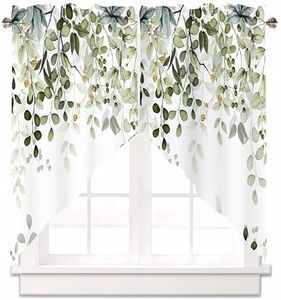 AYTTBIS Sage Green Eucalyptus Swag Curtain Valance for Windows,Watercolor Leaves Window Treatments Short Swag Topper for Kitchen Windows Bathroom Bedroom,36 x 36 Inch, 1 Pair
