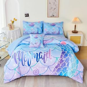 URBONUR Girls Mermaid Tail Glitter Comforter Set Twin Size Fish Scale Shell Starfish Girly Bedding Set 6Pcs Bed-in-a-Bag Gradient Aqua Blue Teal Pink Purple Quilt Set for Girls Bedroom Twin(6pcs)