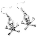 Skull and Crossbones Charm Earrings, Tibetan Silver Charms on Nickelfree Hooks : 40mm long, Fun Halloween Fancy Dress Jewellery, Spooky Skeleton Drop Earrings