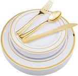 KOYEE 125 Piece Gold Plastic Silverware&Disposable Plastic Plates- Premium Heavyweight Plastic Place Setting include 25 Dinner Plates, 25 Salad Plates, 25 Forks, 25 Knives, 25 Spoons (Gold)