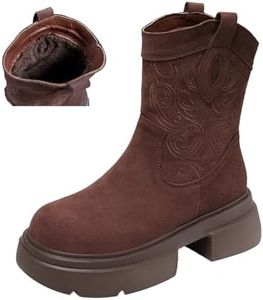 AngryMonkey Women's Suede Lug Sole Platform Boots,Vintage Fall/Winter Comfy Pull On Waterproof Short Ankle Western Cowgirl Booties (7,Brown Velvet)