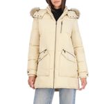 1 Madison Women's Warm Winter Parka with Fox Fur Trimmed Hood, Champagne, Medium