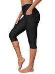 Charmo Women Swim Pants Two Side Pockets Swim Rash Guard Leggings Swimming Shorts with Liner Black L