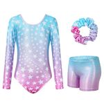 JiAmy Gymnastics Leotards for Girls Cross Back, Long Sleeve Sparkly Dance Biketards with Shorts Ballet Outfit for 5-6 Years Gradient Blue Stars