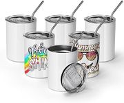 AGH 10 oz White Sublimation Tumblers Blanks, 6 Pack Straight Stainless Steel Tumbler with Splash-proof Slide Lid and Metal Straw, Straw Brush, Double Wall Vacuum Cups Wine Bulk