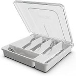 QINOL Silverware Tray with Lid, Utensil Drawer Organizer for Kitchen Countertop Plastic Flatware Organizers and Storage holder 5 Compartments White