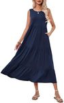 Halife Women's Summer Casual Sleeveless Swing Sundress Boho Flowy Ruffle Tiered Maxi Dress with Pockets, C-navy Blue, L