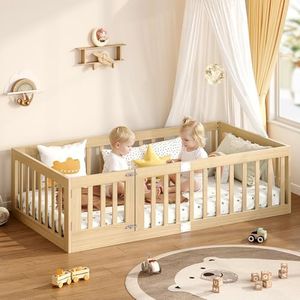 EXPERLAM Toddler Floor Bed with Slats and High Fence, Twin Size Montessori Floor Beds with Door, Easy Assemble Montessori Beds for Kids, Wooden, Natural
