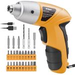 Hi-Spec 34pc Yellow 3.6V Rechargeable Electric Screwdriver with USB Charging LED Light Li-on Battery and Bit Set. Cordless Screwdriver Household Repairs & Assembly