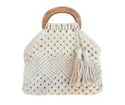 LOVE N BEYOND Handmade Macrame Women Fashion Bag Boho Cotton Handbag With Wooden Handle