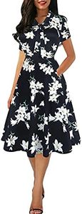 oxiuly Women's Vintage Bow Tie V-Neck Pockets Casual Work Party Cocktail Swing A-line Dresses OX278 (XL, BK XianF)