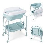 GYMAX Folding Baby Changing Table with Bathtub, Portable Newborn Bath Table and Dresser Unit with PVC Pad, Storage Tray and Wheels, Infant Diaper Changing Station (Blue)