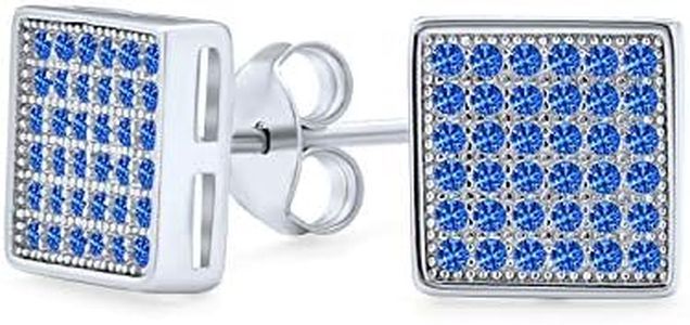 Mens Real Azul Cubic Zirconia Micro Pave Geometric Cz Square Pendientespara Hombres .925 Plata De Ley