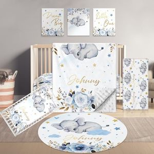 Terwex Personalized Baby Crib Set, 5 Pcs Custom Name Bedding for Girls Boys - Nursery Crib Sets, Soft Toddler Sets for Infant Customized Gifts, Blue Elephant
