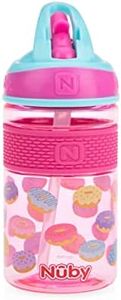 Nuby Thirsty Kids Flip-it Freestyle On The Go Water Bottle with Bite Resistant Hard Straw Cup and Easy Grip Band, Pink Donuts, 12 Ounce