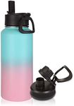 Volhoply 32 oz Insulated Water Bottle with Straw Lid & Spout Lid,1 Litre Stainless Steel Sports Water Bottle,Double Wall Vacuum Thermos,Leak proof Wide Mouth Metal Flask,Keeps Cold or Hot(Green Pink,1)