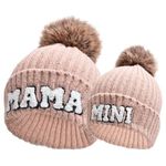 Kunyeah 2PCS Parent-Child Beanie Hat Women Embroidery Knitted Hat Mama and Baby Matching Hats Winter Warm Cap with Pom-Pom (UK, Alpha, One Size, Pink)