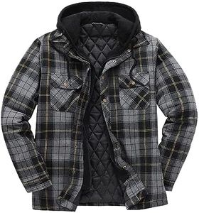 ZENTHACE Men's Quilted Lined Flannel Hooded Shirt Jacket,Fall Winter Long Sleeve Outdoor Plaid Flannel Shacket Jackets Ash M