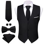 Barry.Wang Men Black Formal Waistcoat V-neck Slim Fit Suit Vest Tie Bowtie Set for Wedding Tuxedo