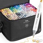 Ohuhu 200 Colours Markers Set Alcohol Art Double Tipped Markers Set for Kids Adult Coloring, Alcohol-Based Sketch Markers for Sketching, Bonus 1 Marker Blender, Great gift (Broad,chisel,fine, Black)