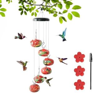 Hand Blown Glass Hummingbird Feeder - Unique Wind Chime Design Hummingbird Feeders for Outdoors Hanging Ant and Bee Proof, Perfect Gardening Gift and Home Decoration - Red