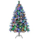 COSTWAY 6ft/7ft Pre-Lit Christmas Tree, Hinged Xmas Trees with 11 Lighting Modes, LED Lights, Snowy PVC Tips, Pine Needles, Red Berries, Pinecones, Holiday Decorative Artificial Tree for Home Office