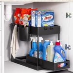 Wuciray Kitchen Storage & Organisation, Under Sink Storage, 2 Tier Cupboard Organizer Pantry Organisation with 2 Cups and 4 Hanging Hooks (Bottom Tier Sliding Drawer, Top Tier Non-Sliding)