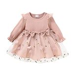 Verve Jelly Kids Baby Girl Floral Dress Bow Splicing Ruffle Long Sleeve Knit Dresses Cute Infant Fall Winter Dress Clothes Outfit Pink 9-12 Months