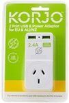 Korjo EU USB Power Adaptor, 2X USB Sockets, 1x AUS/NZ Socket, for Europe