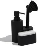 Modern Dish Soap Dispenser with Sponge Holder and Brush 3 in 1 Set for Kitchen Sink Countertop Organizer Matte Black