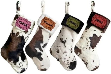 Dyoart Custom Western Christmas Stockings with Leather Patch Name, Personalized Cow Print Farmhouse Cowboy Stocking, 20" Large Xmas Stocking for Country Rustic Holiday Fireplace Décor