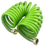 Darnassus Garden Hose,15 Feet Green PU Curly Water Hose with Brass Connectors,Watering Hose Coil,Retractable,Corrosion Resistant Garden Coil Hose