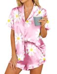 HOTOUCH Womens Satin Pajamas Set Button Down 2 Piece Silk Pjs Shorts Set Ruffle Lingerie Notch Collar Sleepwear, Floral Pink, XX-Large