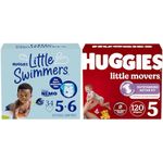 HUGGIES Disposable Swim Diapers - Size 5-6 Large, Huggies Little Swimmers, 34 ct & Diapers Size 5 - Huggies Little Movers Disposable Baby HUGGIES Diapers, 120ct, One Month Supply