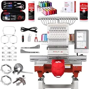 POOLIN Multi Needles Commercial Embroidery Machine with Auto Color Change, 13.8x19.7 Inch Embroidery Area, WiFi Transfer, Includes All Accessories for Hats, T-Shirts & Hoodies