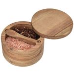 Acacia Wood Salt and Pepper Cellar with Swivel Magnetic Lid Serving Spoon inside 2-Compartment for Storing Salt,Herbs,Spices