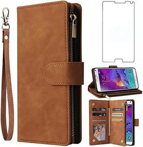 Asuwish Compatible with Samsung Galaxy Note 4 Wallet Case Tempered Glass Screen Protector and Flip Cover Card Holder Stand Cell Phone Cases for Glaxay Note4 Gaxaly N910A Not Notes Four Women Men Brown