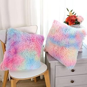 Soft Faux Fur Throw Pillow Covers Pack of 2 Peach Blush Plush Decorative Tie Dye Pink Throw Girls Pillow Covers Cute Cushion Cases Pillowcases for Sofa Couch Decor Room Bedroom Colorful 16" 16"