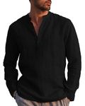 NANAMEEI Mens Linen Henley Shirt Long Sleeve Cotton Linen Beach Yoga Loose Fit Shirt Black M