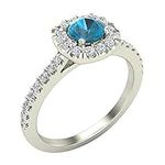 Glitz Design Blue Diamond Engagement Ring Round Cut Blue Diamond Cushion Halo Rings 14K White Gold 0.75 carat (Ring Size 8)