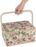 Sewing Baskets Sewing Box Organiser With An Embroidered Buttons On Cream Fabric Lid, Large Sewing Basket With Pincushion, Pockets & Removable Tray For Quilting, Sewing, Crafting, 30.5 x 23 x 15.5cm