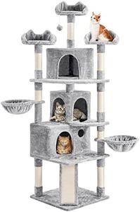 Yaheetech Árbol rascador para Gatos de aglomerado y Cuerda de sisal con 3 casetas de rampa y cestas multinivel, Altura 194 cm, Gris Claro