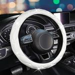 SuperKaKa White Steering Wheel Cover, Auto Cute PU Diamond Bling Breathable Slip-Proof Soft Comfort Leather Car Interior Accessories Protector Sparkly Fit Most O-Shaped Steering Wheels for Women Men