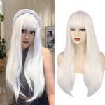 Anogol Hair Cap+Gray Synthetic Wig With Bangs Long Natural Wavy Fringe Hair Full wigs For Women White