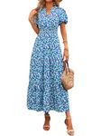 MASCOMODA Summer Maxi Dress for Women 2024 Casual V Neck Puff Short Sleeve Smocked Ruffle Flowy Beach Boho Long Floral Dress, F-blue, XL