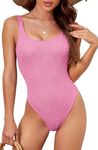 SOULSHE Women's Square Neck One Piece Tummy Control Swimsuit High Cut Bathing Suit Ribbed Swimwear, Pink, Medium